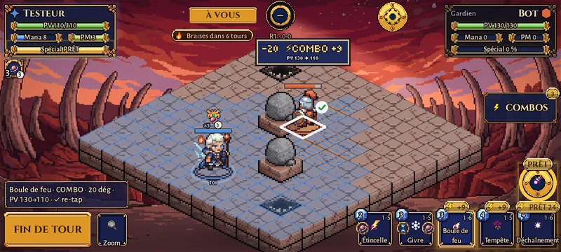 Combat en jeu : l'Élémentaliste vise un Gardien avec Boule de feu ; l'aperçu annonce 20 dégâts, combo, PV 130 → 110.